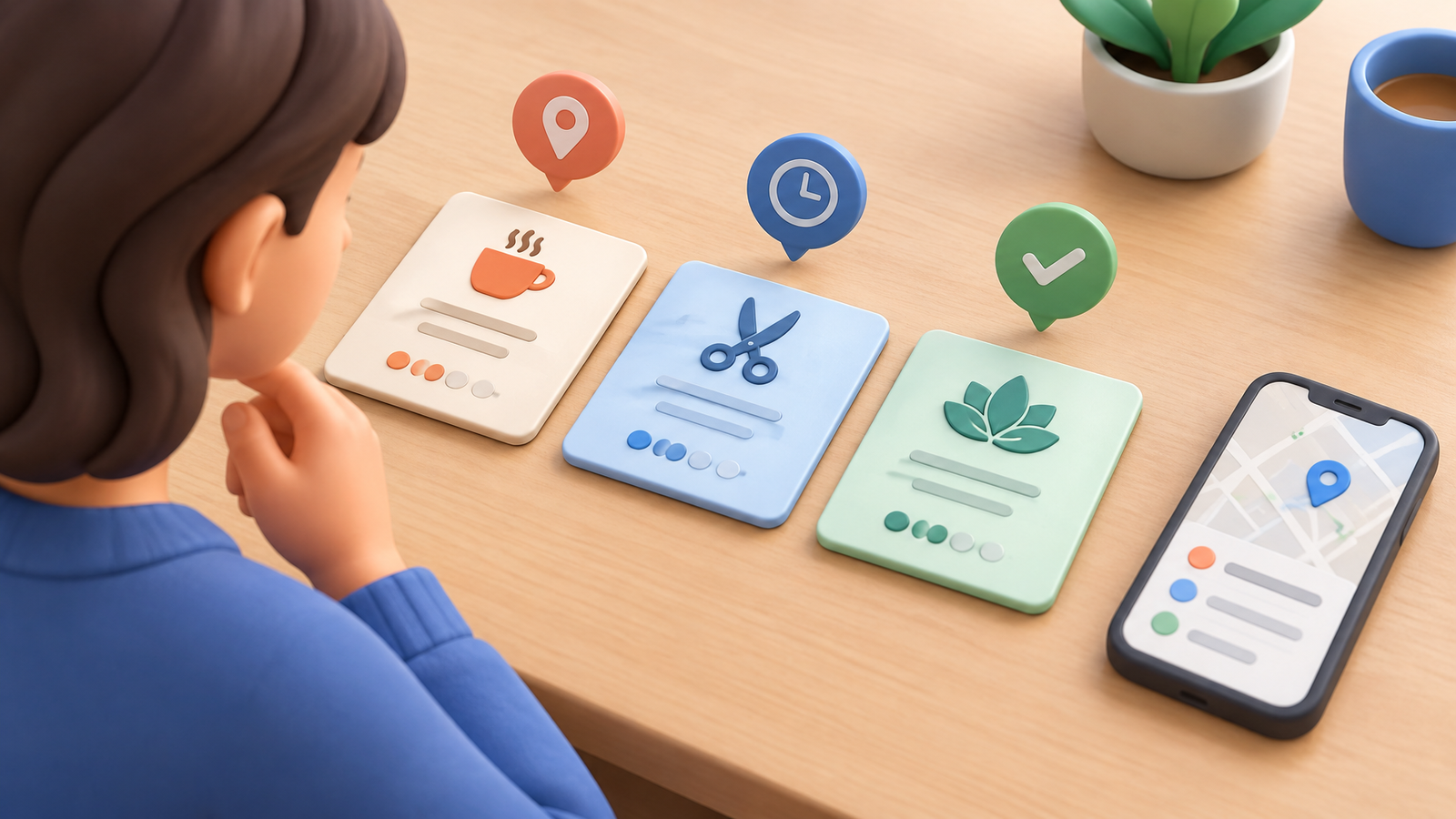 Person comparing local business options by location, timing, and service match.