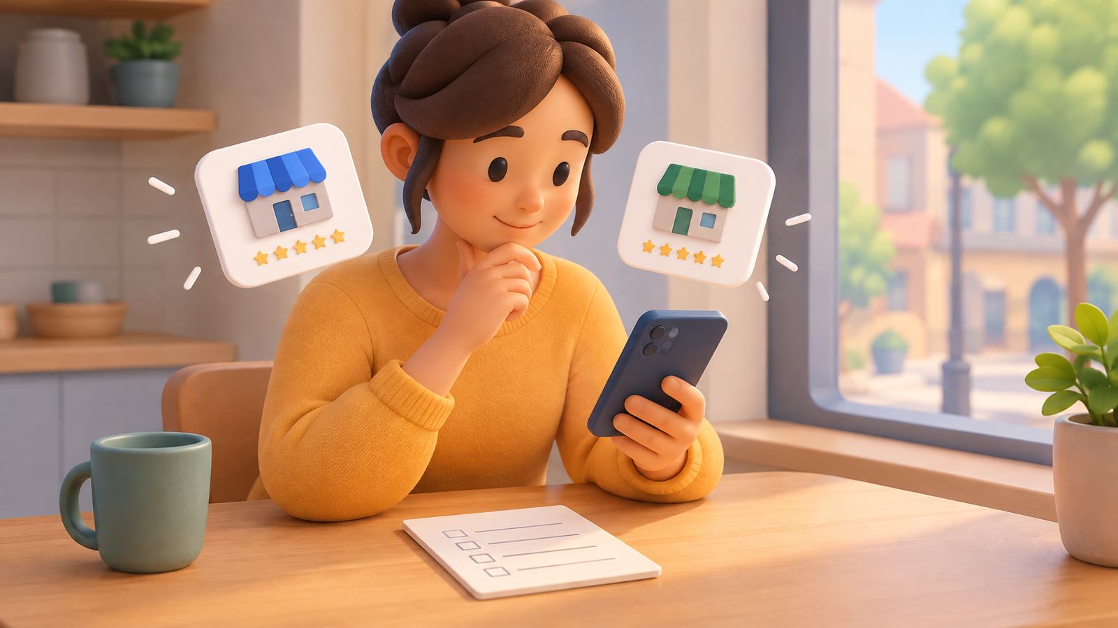 Person comparing nearby local business options before choosing where to go.